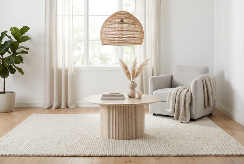 Kopparbo pyöreä sohvapöytä 85 cm travertiinin näköisellä pinnalla, uurretulla pylväsjalalla ja ohuella pöytälevyllä - Beige - Huonekalut - Pöytä & ruokailuryhmä - Sohvapöytä