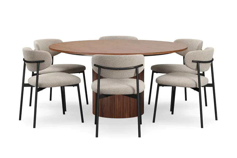 Kopparbo Pyöreä Ruokapöytä 150 cm 6 Lucy Ruokatuolilla, Pähkinä / Greige Bouclé / Metallijalat Musta