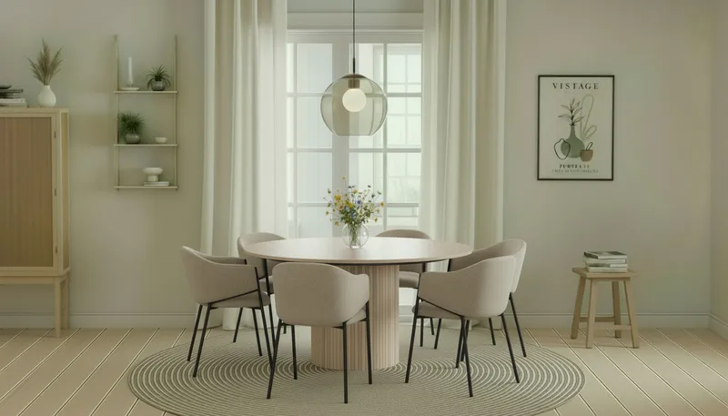 Kopparbo Pyöreä Ruokapöytä 150 cm 6 Filip Ruokatuolilla - Valkoinen / Taupe Bouclé - Huonekalut - Pöytä & ruokailuryhmä - Ruokailuryhmä