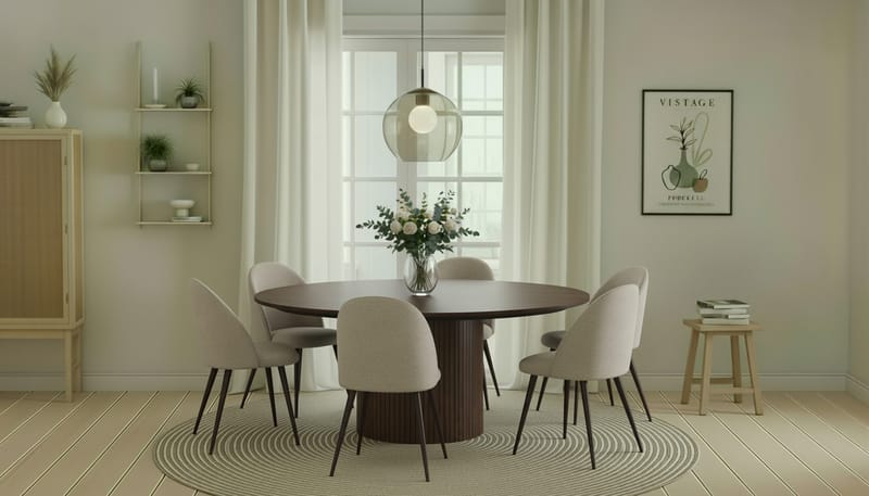 Kopparbo Pyöreä Ruokapöytä 180 cm 6 Nibe Plus Ruokatuolilla - Pähkinä / Greige Bouclé / Metallijalat Pähkinä - Huonekalut - Pöytä & ruokailuryhmä - Ruokailuryhmä