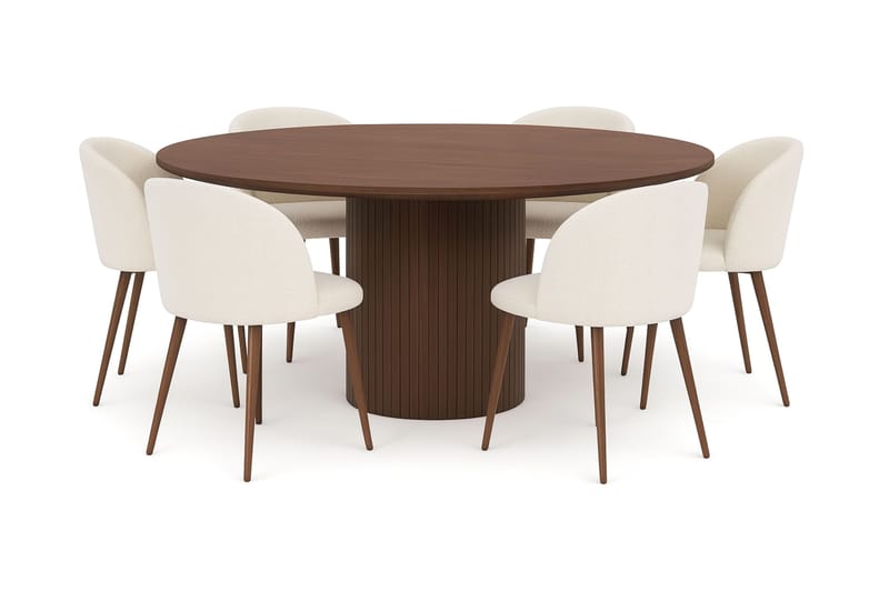 Kopparbo Pyöreä Ruokapöytä 180 cm 6 Greya Ruokatuolia käsinojilla, Pähkinä / Valkoinen Bouclé / Metallijalat Pähkinä