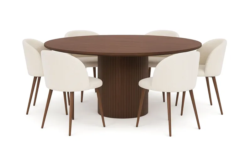 Kopparbo Pyöreä Ruokapöytä 180 cm 6 Greya Ruokatuolia käsinojilla, Pähkinä / Valkoinen Bouclé / Metallijalat Pähkinä