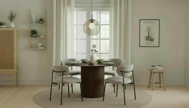 Kopparbo Pyöreä Ruokapöytä 120 cm 4 Lucy Ruokatuolilla - Tummanruskea / Greige Bouclé / Metallijalat Musta - Huonekalut - Pöytä & ruokailuryhmä - Ruokailuryhmä