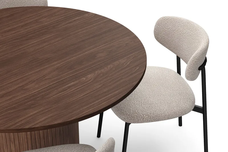 Kopparbo Pyöreä Ruokapöytä 120 cm 4 Lucy Ruokatuolilla - Tummanruskea / Greige Bouclé / Metallijalat Musta - Huonekalut - Pöytä & ruokailuryhmä - Ruokailuryhmä