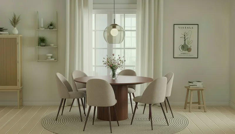 Kopparbo Pyöreä Ruokapöytä 150 cm 6 Nibe Plus Ruokatuolilla - Pähkinä / Greige Bouclé / Metallijalat Pähkinä - Huonekalut - Pöytä & ruokailuryhmä - Ruokailuryhmä