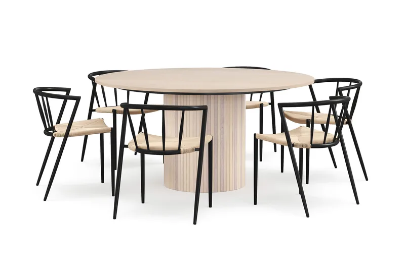 Kopparbo Pyöreä Ruokapöytä 150 cm 6 Winston Ruokatuolilla, Valkoinen / Beige / Metallijalat Musta