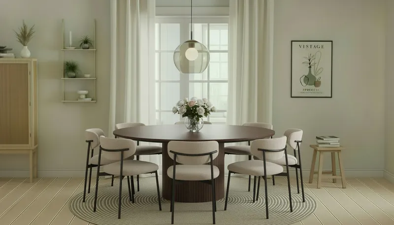 Kopparbo Pyöreä Ruokapöytä 180 cm 8 Lucy Ruokatuolilla - Pähkinä / Valkoinen Bouclé / Metallijalat Musta - Huonekalut - Pöytä & ruokailuryhmä - Ruokailuryhmä