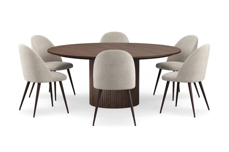 Kopparbo Pyöreä Ruokapöytä 180 cm 6 Nibe Plus Ruokatuolilla - Pähkinä / Greige Bouclé / Metallijalat Pähkinä - Huonekalut - Pöytä & ruokailuryhmä - Ruokailuryhmä