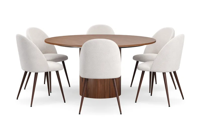 Kopparbo Pyöreä Ruokapöytä 150 cm 6 Nibe Plus Ruokatuolilla - Pähkinä / Valkoinen Bouclé / Metallijalat Pähkinä - Huonekalut - Pöytä & ruokailuryhmä - Ruokailuryhmä