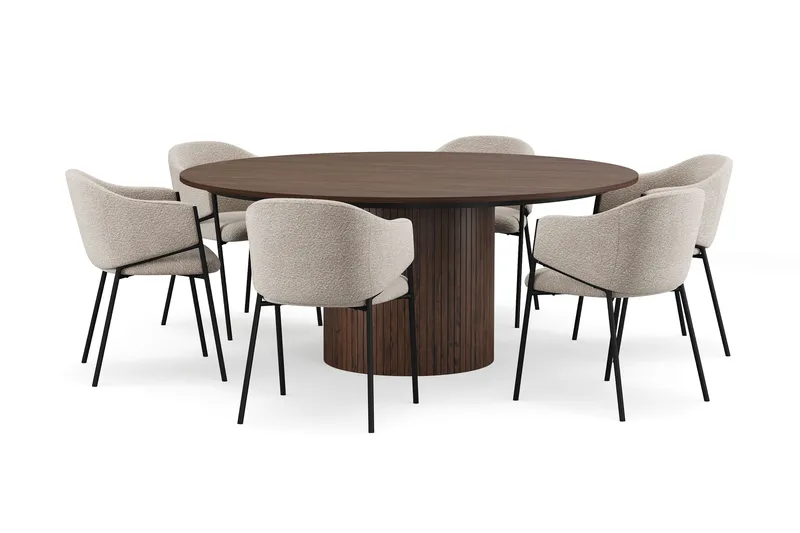 Kopparbo Pyöreä Ruokapöytä 180 cm 6 Filip Ruokatuolilla, Pähkinä / Taupe Bouclé