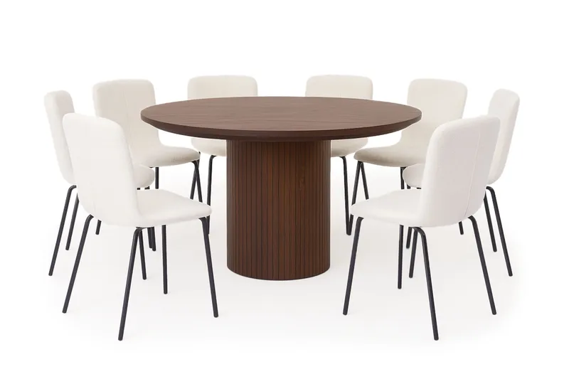 Kopparbo Pyöreä Ruokapöytä 180 cm 8 Katy Ruokatuolilla, Pähkinä / Valkoinen Bouclé / Metallijalat Musta