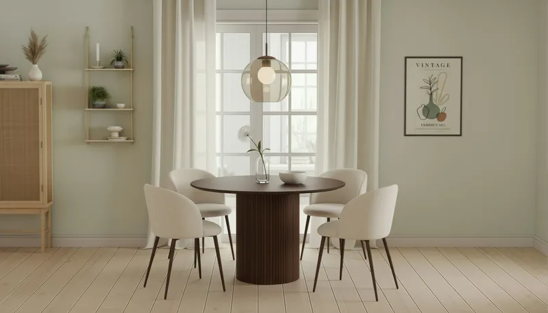 Kopparbo Pyöreä Ruokapöytä 120 cm 4 Greya Ruokatuolia käsinojilla - Tummanruskea / Valkoinen Bouclé / Metallijalat Pähkinä - Huonekalut - Pöytä & ruokailuryhmä - Ruokailuryhmä