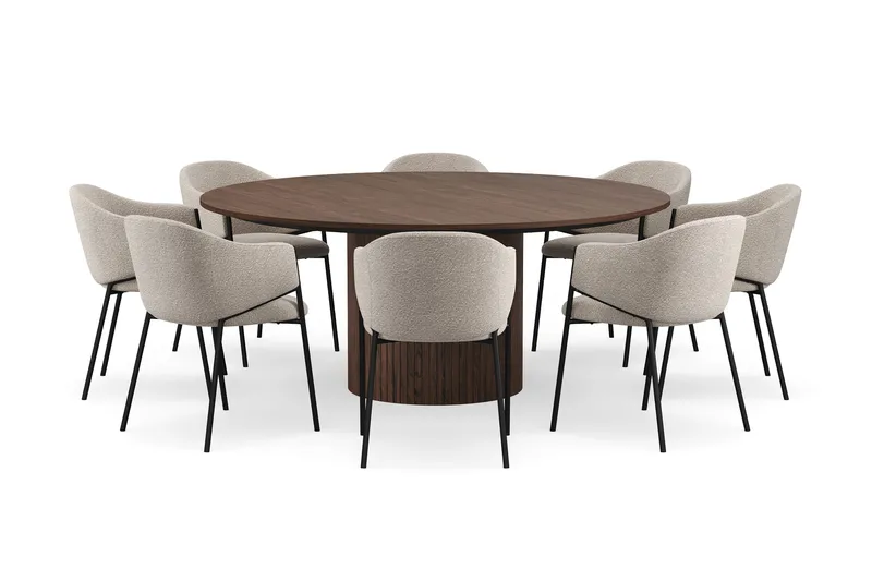 Kopparbo Pyöreä Ruokapöytä 180 cm 8 Filip Ruokatuolilla - Pähkinä / Taupe Bouclé - Huonekalut - Pöytä & ruokailuryhmä - Ruokailuryhmä