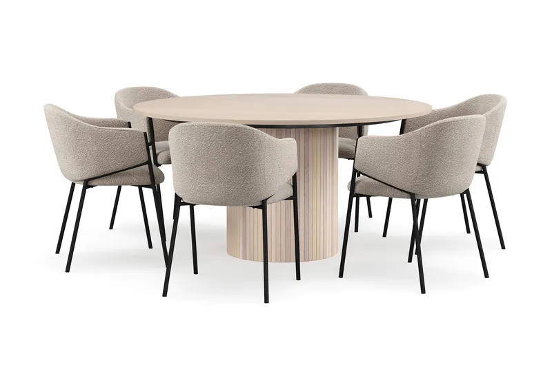 Kopparbo Pyöreä Ruokapöytä 150 cm 6 Filip Ruokatuolilla, Valkoinen / Taupe Bouclé