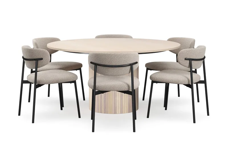 Kopparbo Pyöreä Ruokapöytä 150 cm 6 Lucy Ruokatuolilla, Valkoinen / Greige Bouclé / Metallijalat Musta