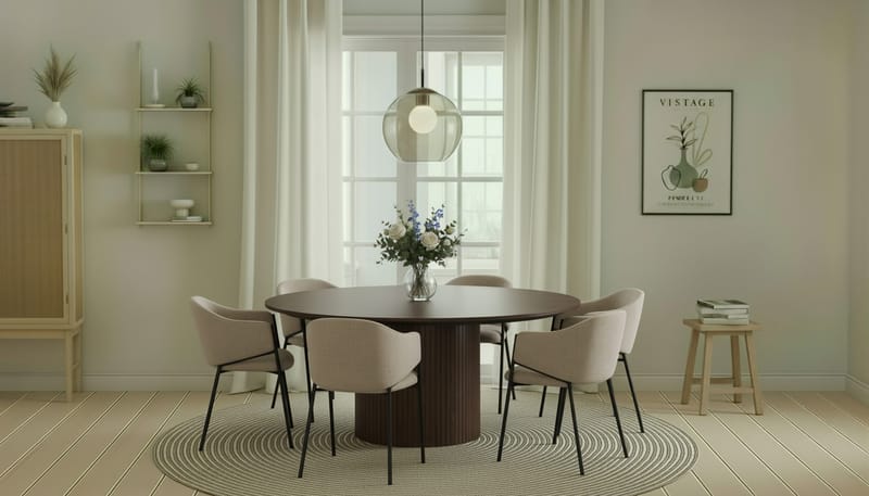 Kopparbo Pyöreä Ruokapöytä 180 cm 6 Filip Ruokatuolilla - Pähkinä / Taupe Bouclé - Huonekalut - Pöytä & ruokailuryhmä - Ruokailuryhmä