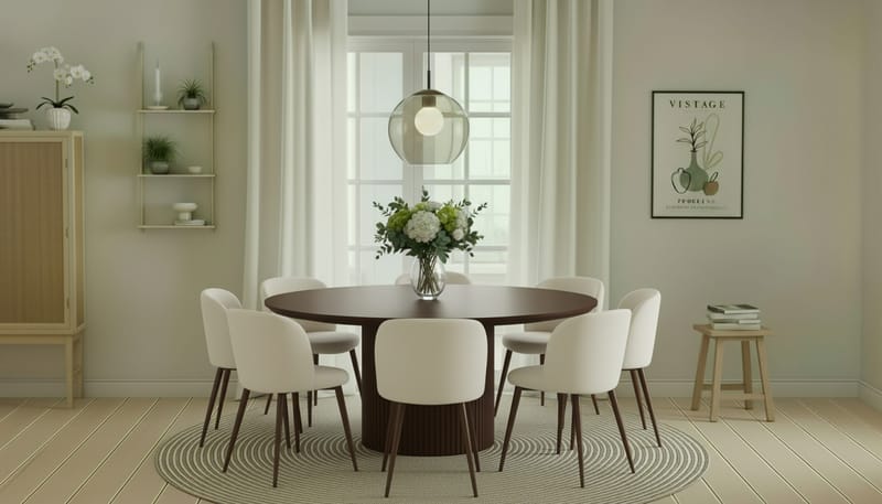 Kopparbo Pyöreä Ruokapöytä 180 cm 8 Greya Ruokatuolia käsinojilla - Pähkinä / Valkoinen Bouclé / Metallijalat Pähkinä - Huonekalut - Pöytä & ruokailuryhmä - Ruokailuryhmä