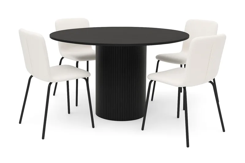 Kopparbo Pyöreä Ruokapöytä 130 cm 4 Katy Ruokatuolilla, Mustapuu / Valkoinen Bouclé / Metallijalat Musta