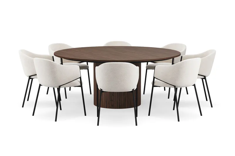 Kopparbo Pyöreä Ruokapöytä 180 cm 8 Filip Ruokatuolilla - Pähkinä / Valkoinen Bouclé - Huonekalut - Pöytä & ruokailuryhmä - Ruokailuryhmä
