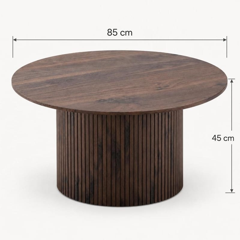 Kopparbo pyöreä sohvapöytä 85 cm puu- ja pähkinäpuuvaikutelmalla, urallinen pylväsjalka ja ohut pöytälevy - Ruskea - Huonekalut - Pöytä & ruokailuryhmä - Sohvapöytä