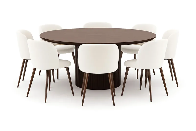 Kopparbo Pyöreä Ruokapöytä 180 cm 8 Greya Ruokatuolia käsinojilla, Pähkinä / Valkoinen Bouclé / Metallijalat Pähkinä