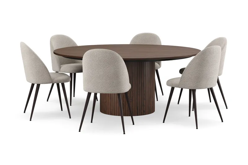 Kopparbo Pyöreä Ruokapöytä 180 cm 6 Nibe Plus Ruokatuolilla, Pähkinä / Greige Bouclé / Metallijalat Pähkinä