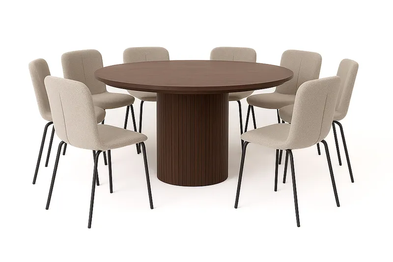 Kopparbo Pyöreä Ruokapöytä 180 cm 8 Katy Ruokatuolilla, Pähkinä / Greige Bouclé / Metallijalat Musta