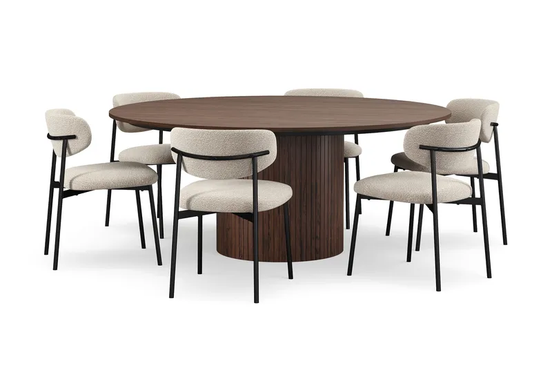 Kopparbo Pyöreä Ruokapöytä 180 cm 6 Lucy Ruokatuolilla - Pähkinä / Greige Bouclé / Metallijalat Musta - Huonekalut - Pöytä & ruokailuryhmä - Ruokailuryhmä