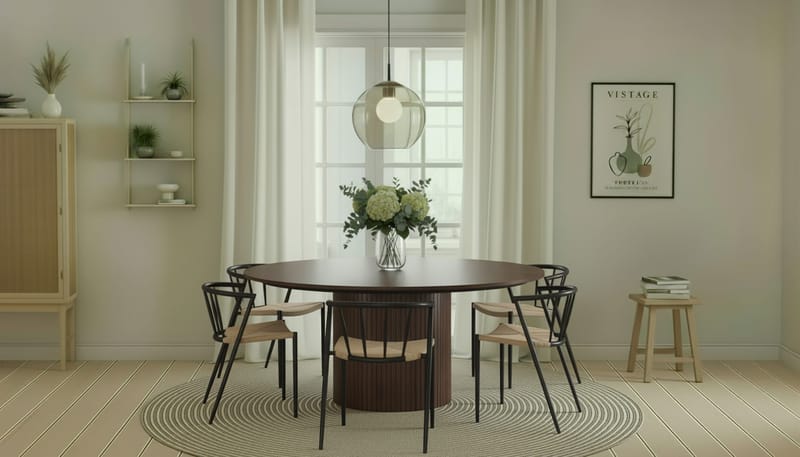 Kopparbo Pyöreä Ruokapöytä 180 cm 6 Winston Ruokatuolilla - Pähkinä / Beige / Metallijalat Musta - Huonekalut - Pöytä & ruokailuryhmä - Ruokailuryhmä