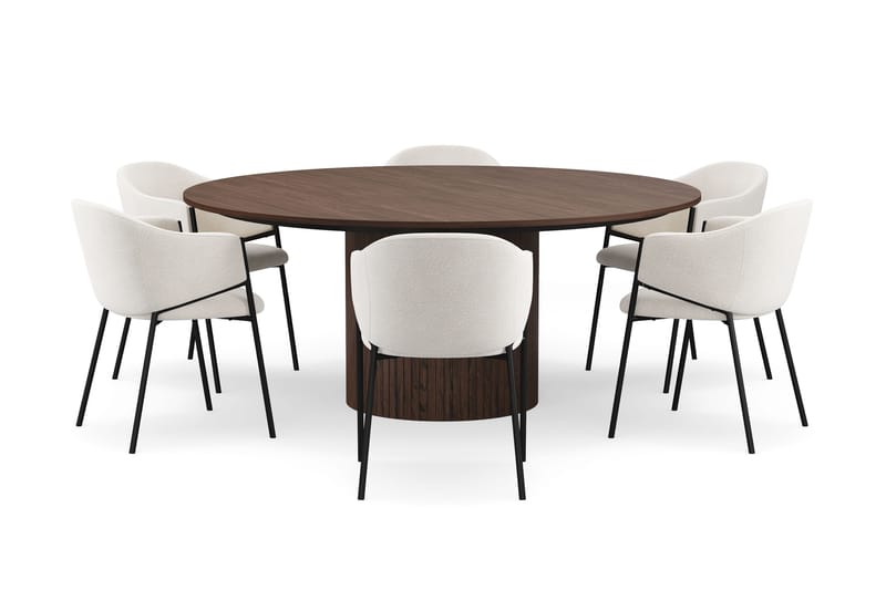 Kopparbo Pyöreä Ruokapöytä 180 cm 6 Filip Ruokatuolilla - Pähkinä / Valkoinen Bouclé - Huonekalut - Pöytä & ruokailuryhmä - Ruokailuryhmä