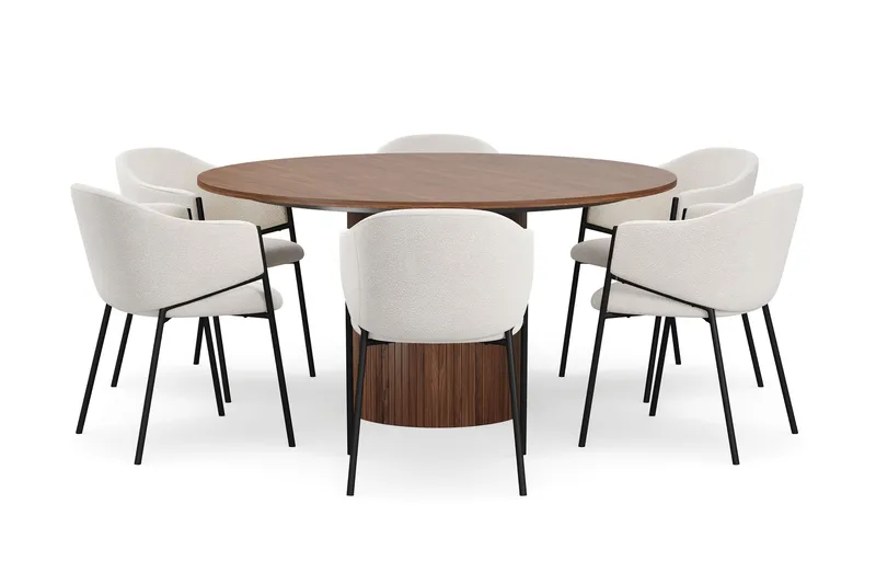 Kopparbo Pyöreä Ruokapöytä 150 cm 6 Filip Ruokatuolilla - Pähkinä / Valkoinen Bouclé - Huonekalut - Pöytä & ruokailuryhmä - Ruokailuryhmä