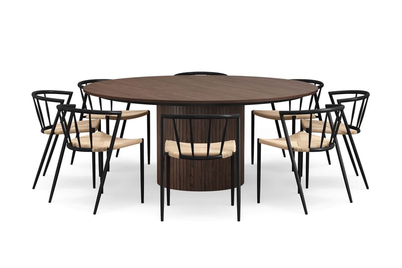 Kopparbo Pyöreä Ruokapöytä 180 cm 8 Winston Ruokatuolilla - Pähkinä / Beige / Metallijalat Musta - Huonekalut - Pöytä & ruokailuryhmä - Ruokailuryhmä