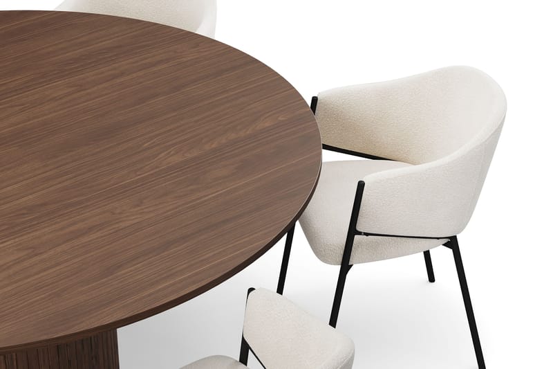 Kopparbo Pyöreä Ruokapöytä 180 cm 6 Filip Ruokatuolilla - Pähkinä / Valkoinen Bouclé - Huonekalut - Pöytä & ruokailuryhmä - Ruokailuryhmä
