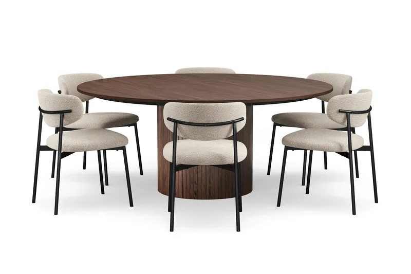 Kopparbo Pyöreä Ruokapöytä 180 cm 6 Lucy Ruokatuolilla, Pähkinä / Greige Bouclé / Metallijalat Musta