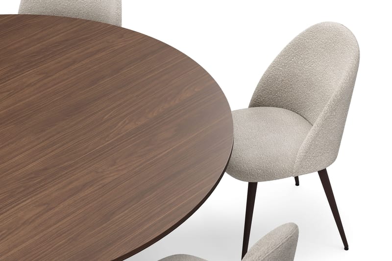 Kopparbo Pyöreä Ruokapöytä 180 cm 6 Nibe Plus Ruokatuolilla - Pähkinä / Greige Bouclé / Metallijalat Pähkinä - Huonekalut - Pöytä & ruokailuryhmä - Ruokailuryhmä