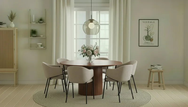 Kopparbo Pyöreä Ruokapöytä 150 cm 6 Filip Ruokatuolilla - Pähkinä / Taupe Bouclé - Huonekalut - Pöytä & ruokailuryhmä - Ruokailuryhmä