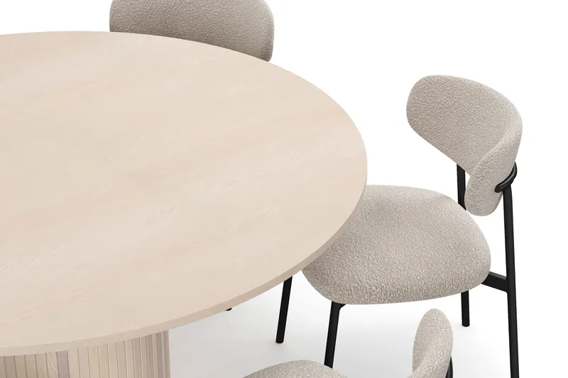 Kopparbo Pyöreä Ruokapöytä 150 cm 6 Lucy Ruokatuolilla - Valkoinen / Greige Bouclé / Metallijalat Musta - Huonekalut - Pöytä & ruokailuryhmä - Ruokailuryhmä