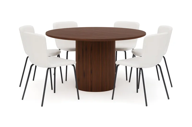 Kopparbo Pyöreä Ruokapöytä 150 cm 6 Katy Ruokatuolilla, Pähkinä / Valkoinen Bouclé / Metallijalat Musta