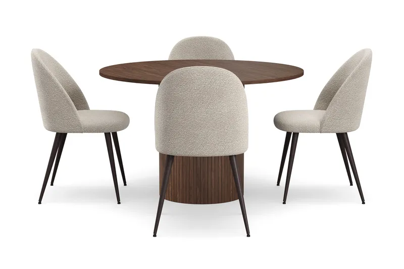 Kopparbo Pyöreä Ruokapöytä 120 cm 4 Nibe Plus Ruokatuolilla - Tummanruskea / Greige Bouclé / Metallijalat Pähkinä - Huonekalut - Pöytä & ruokailuryhmä - Ruokailuryhmä