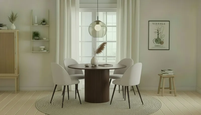 Kopparbo Pyöreä Ruokapöytä 120 cm 4 Nibe Plus Ruokatuolilla - Tummanruskea / Valkoinen Bouclé / Metallijalat Pähkinä - Huonekalut - Pöytä & ruokailuryhmä - Ruokailuryhmä