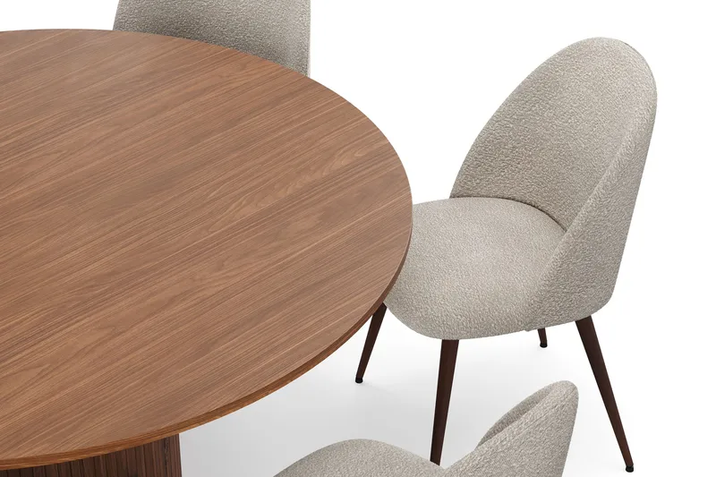 Kopparbo Pyöreä Ruokapöytä 150 cm 6 Nibe Plus Ruokatuolilla - Pähkinä / Greige Bouclé / Metallijalat Pähkinä - Huonekalut - Pöytä & ruokailuryhmä - Ruokailuryhmä