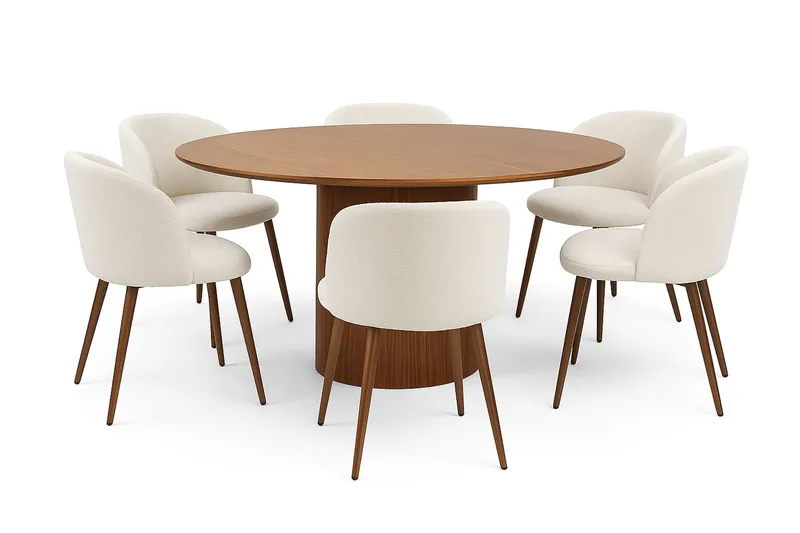 Kopparbo Pyöreä Ruokapöytä 150 cm 6 Greya Ruokatuolia käsinojilla, Pähkinä / Valkoinen Bouclé / Metallijalat Pähkinä