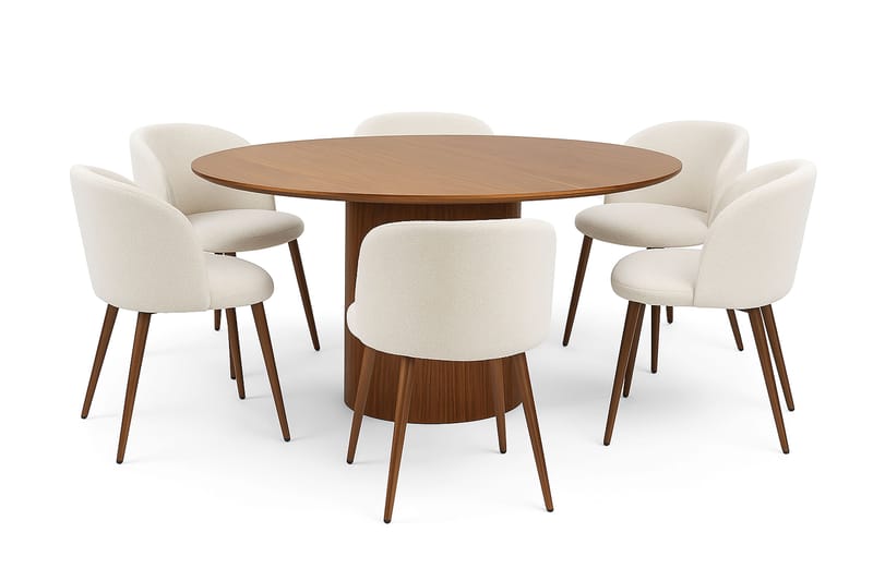 Kopparbo Pyöreä Ruokapöytä 150 cm 6 Greya Ruokatuolia käsinojilla, Pähkinä / Valkoinen Bouclé / Metallijalat Pähkinä