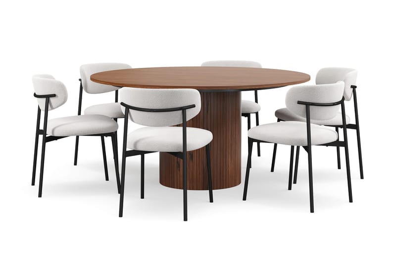 Kopparbo Pyöreä Ruokapöytä 150 cm 6 Lucy Ruokatuolilla - Pähkinä / Valkoinen Bouclé / Metallijalat Musta - Huonekalut - Pöytä & ruokailuryhmä - Ruokailuryhmä