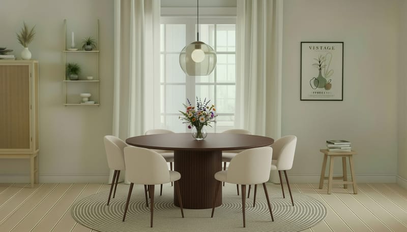 Kopparbo Pyöreä Ruokapöytä 180 cm 6 Greya Ruokatuolia käsinojilla - Pähkinä / Valkoinen Bouclé / Metallijalat Pähkinä - Huonekalut - Pöytä & ruokailuryhmä - Ruokailuryhmä