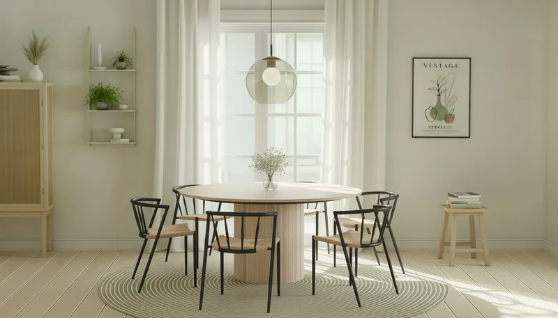 Kopparbo Pyöreä Ruokapöytä 150 cm 6 Winston Ruokatuolilla - Valkoinen / Beige / Metallijalat Musta - Huonekalut - Pöytä & ruokailuryhmä - Ruokailuryhmä