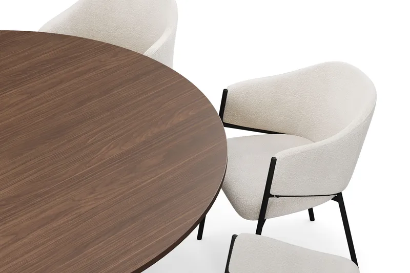 Kopparbo Pyöreä Ruokapöytä 180 cm 8 Filip Ruokatuolilla - Pähkinä / Valkoinen Bouclé - Huonekalut - Pöytä & ruokailuryhmä - Ruokailuryhmä