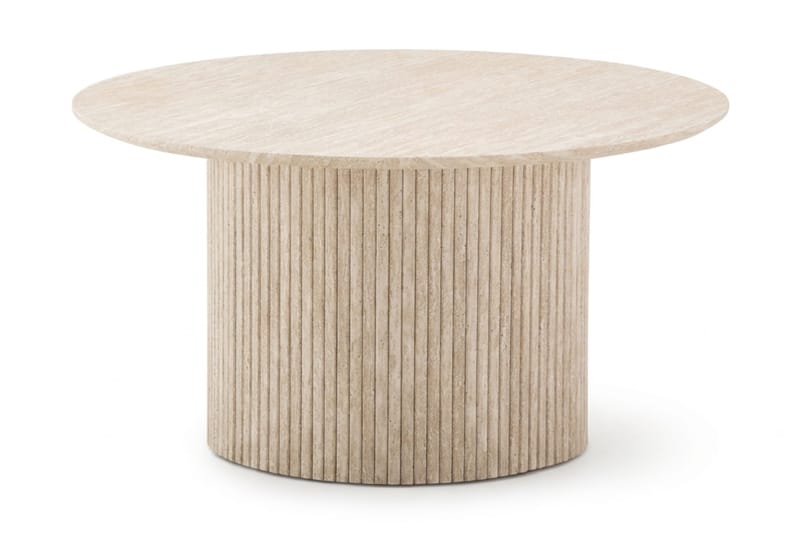 Kopparbo pyöreä sohvapöytä 85 cm travertiinin näköisellä pinnalla, uurretulla pylväsjalalla ja ohuella pöytälevyllä, Beige