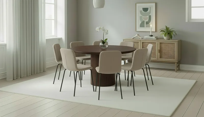 Kopparbo Pyöreä Ruokapöytä 180 cm 8 Katy Ruokatuolilla - Pähkinä / Greige Bouclé / Metallijalat Musta - Huonekalut - Pöytä & ruokailuryhmä - Ruokailuryhmä