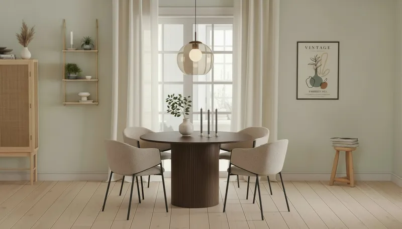 Kopparbo Pyöreä Ruokapöytä 120 cm 4 Filip Ruokatuolilla - Tummanruskea / Taupe Bouclé - Huonekalut - Pöytä & ruokailuryhmä - Ruokailuryhmä